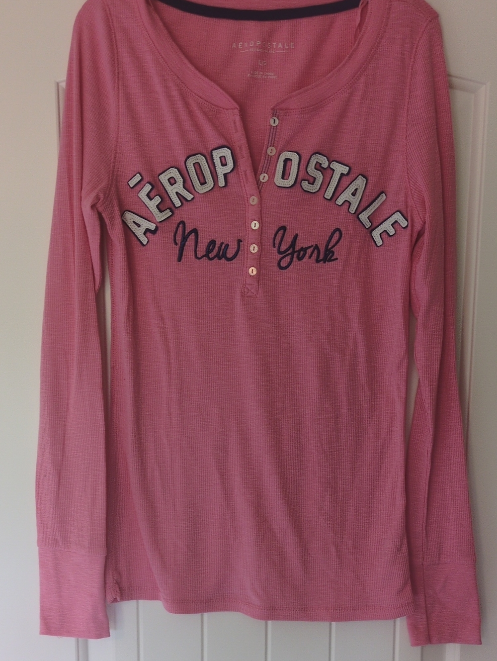 Aeropostale Pink Long-Sleeve Henley with New York Script